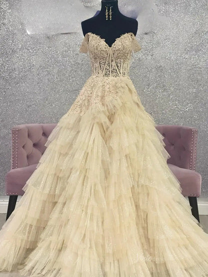 Off the Shoulder Tulle Prom Dresses 2025 Ruffled Lace Formal Gown with Slit FD3729-prom dresses 2025 -Viniodress-Beige-Custom Size-