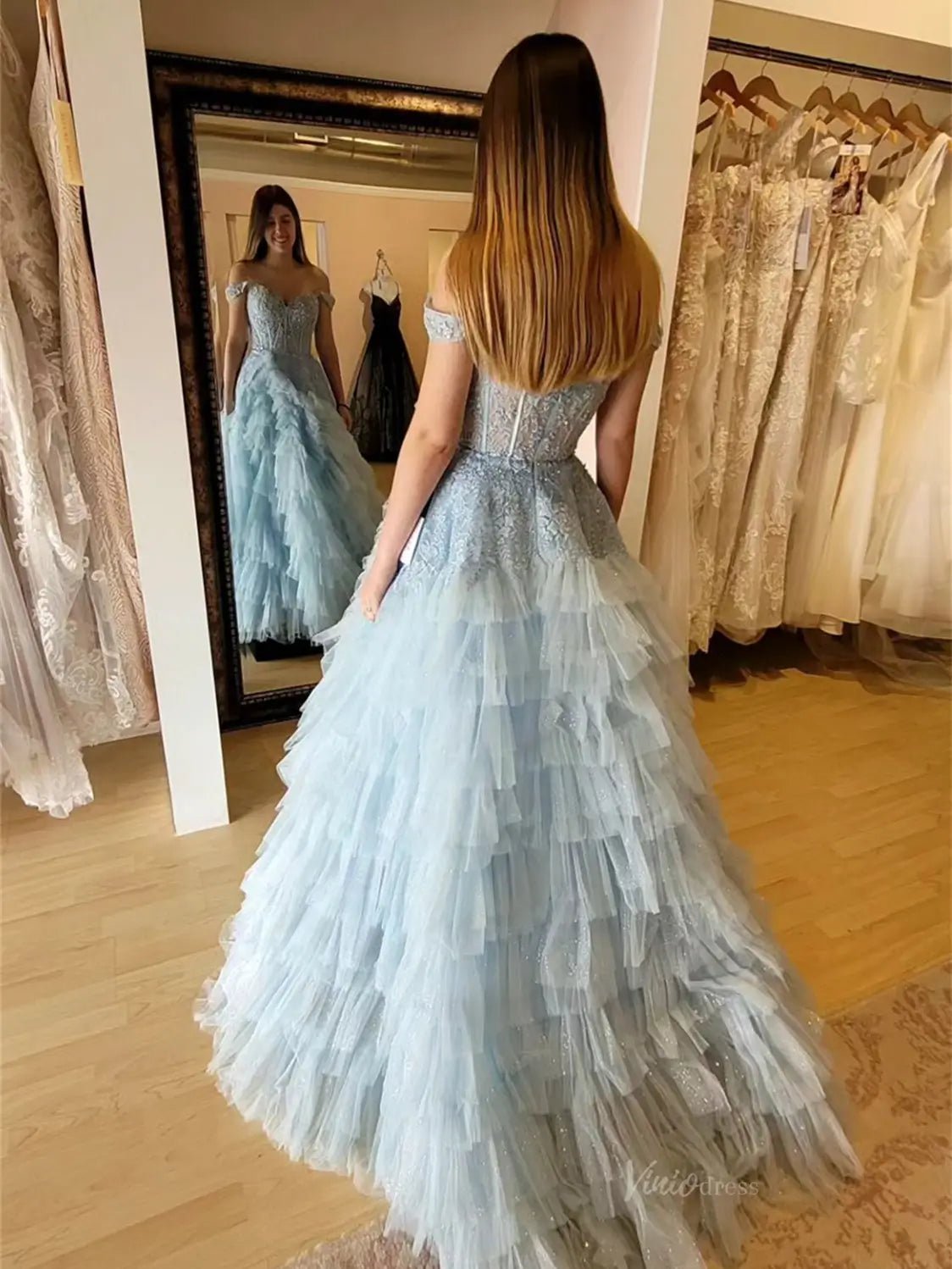 Off the Shoulder Tulle Prom Dresses 2025 Ruffled Lace Formal Gown with Slit FD3729-prom dresses 2025 -Viniodress-Dusty Blue-Custom Size-