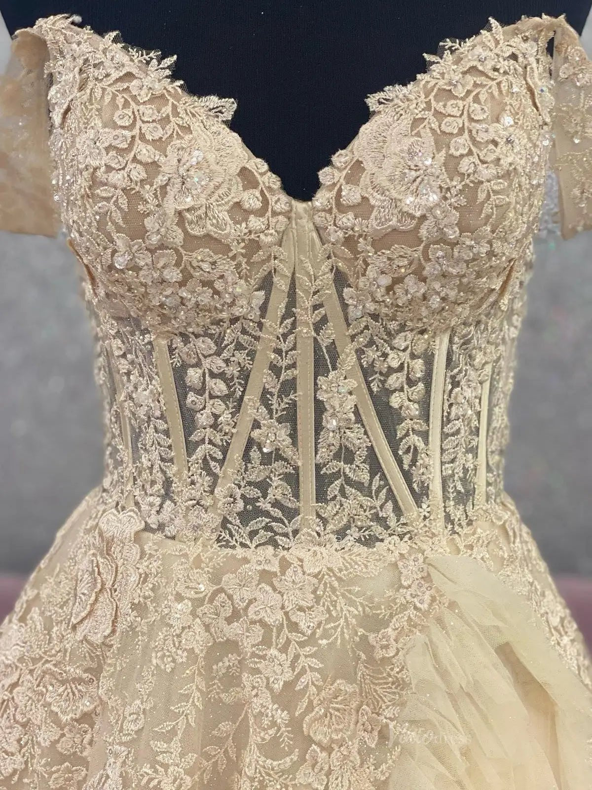 Off the Shoulder Tulle Prom Dresses 2025 Ruffled Lace Formal Gown with Slit FD3729-prom dresses 2025 -Viniodress-Dusty Blue-Custom Size-