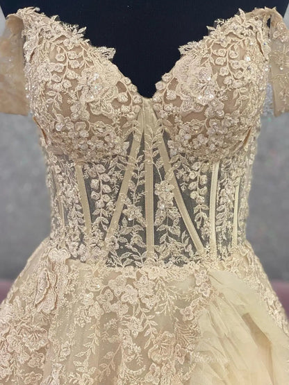 Off the Shoulder Tulle Prom Dresses 2025 Ruffled Lace Formal Gown with Slit FD3729-prom dresses 2025 -Viniodress-Dusty Blue-Custom Size-