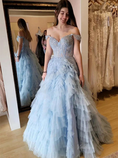 Off the Shoulder Tulle Prom Dresses 2025 Ruffled Lace Formal Gown with Slit FD3729-prom dresses 2025 -Viniodress-Dusty Blue-Custom Size-