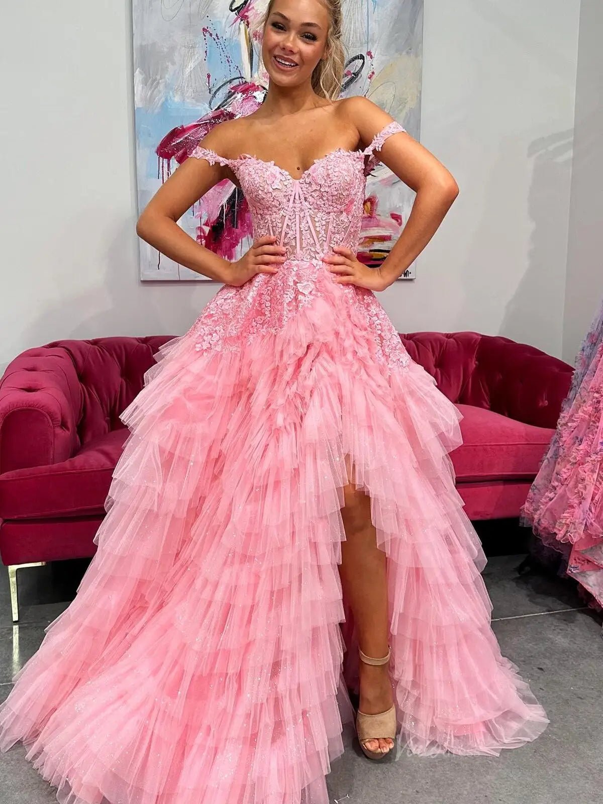 Off the Shoulder Tulle Prom Dresses 2025 Ruffled Lace Formal Gown with Slit FD3729-prom dresses 2025 -Viniodress-Pink-Custom Size-