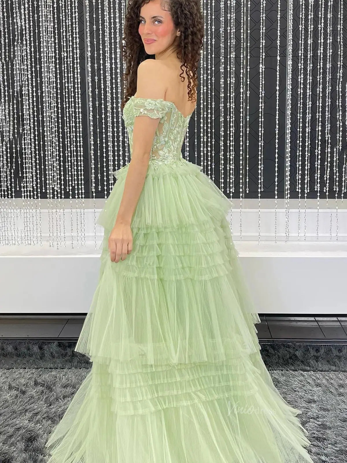 Off the Shoulder Tulle Prom Dresses Lace Bodice Tiered Bottom Formal Dresses - FD3711-prom dresses 2025 -Viniodress-Green-Custom Size-