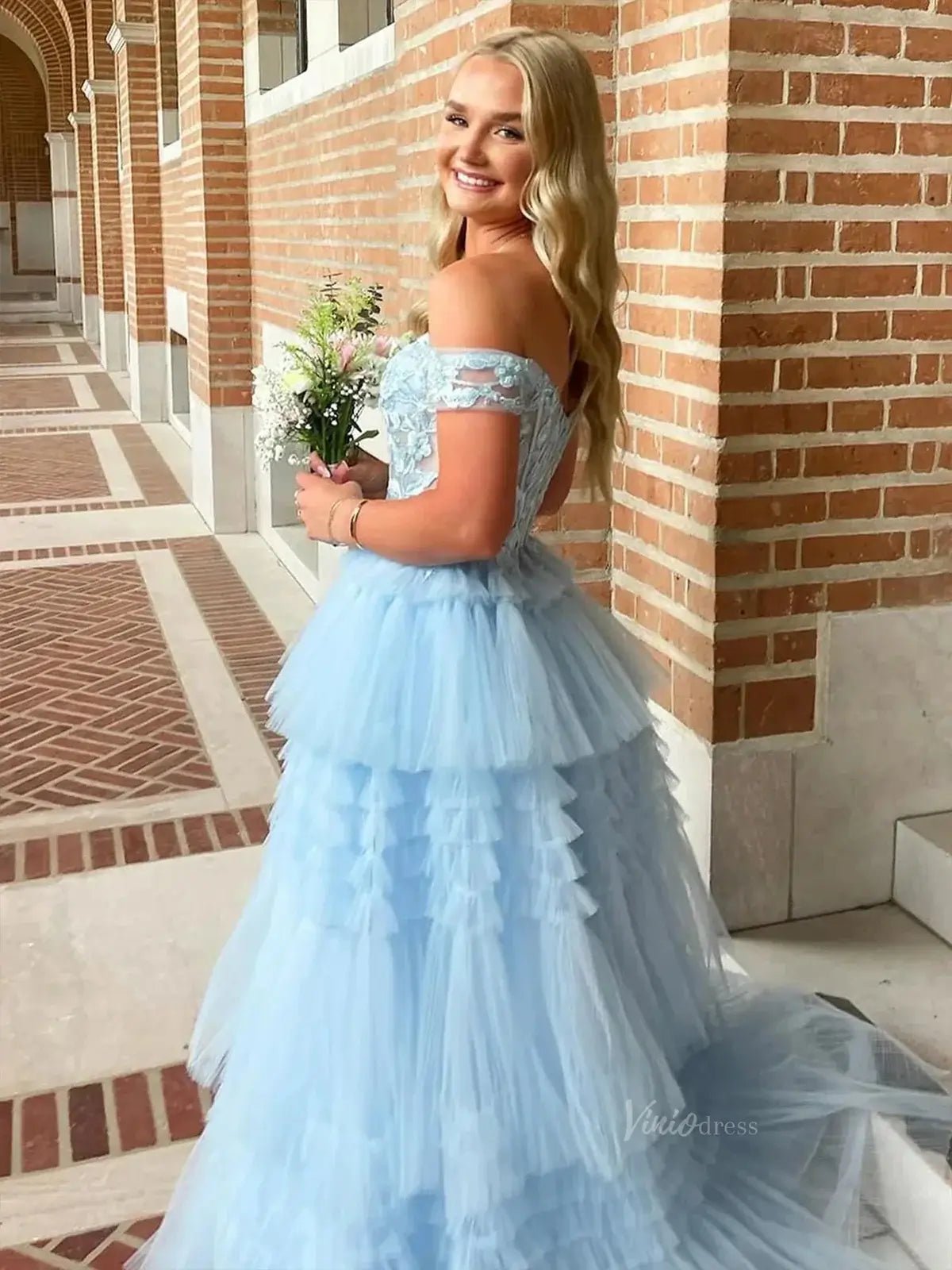 Off the Shoulder Tulle Prom Dresses Lace Bodice Tiered Bottom Formal Dresses - FD3711-prom dresses 2025 -Viniodress-Green-Custom Size-