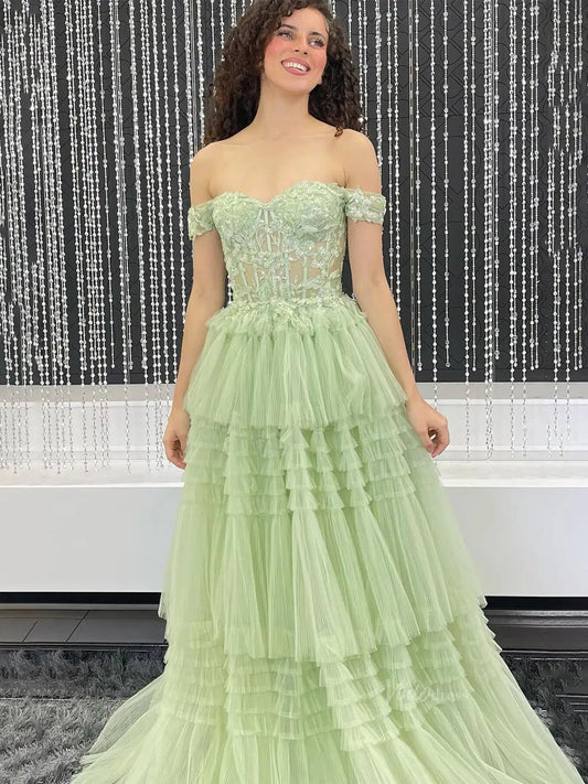Off the Shoulder Tulle Prom Dresses Lace Bodice Tiered Bottom Formal Dresses - FD3711-prom dresses 2025 -Viniodress-Green-Custom Size-