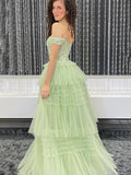 prom dresses 2025 Off the Shoulder Tulle Prom Dresses Lace Bodice Tiered Bottom Formal Dresses - FD3711-plus size wedding dresses Viniodress-Green-Custom Size-