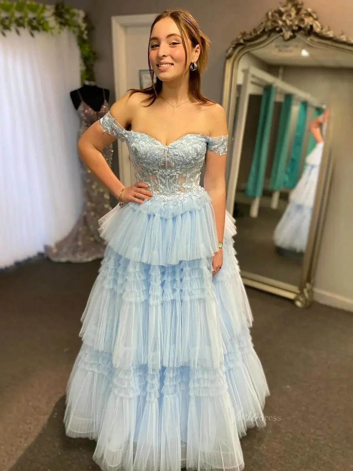 prom dresses 2025 Off the Shoulder Tulle Prom Dresses Lace Bodice Tiered Bottom Formal Dresses - FD3711-plus size wedding dresses Viniodress-Blue-Custom Size-