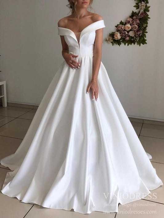 Off the Shoulder Wedding Dress Simple Bridal Dress with Decorative Corset Back VW1562-wedding dresses 2025 -Viniodress-Ivory-Custom Size-