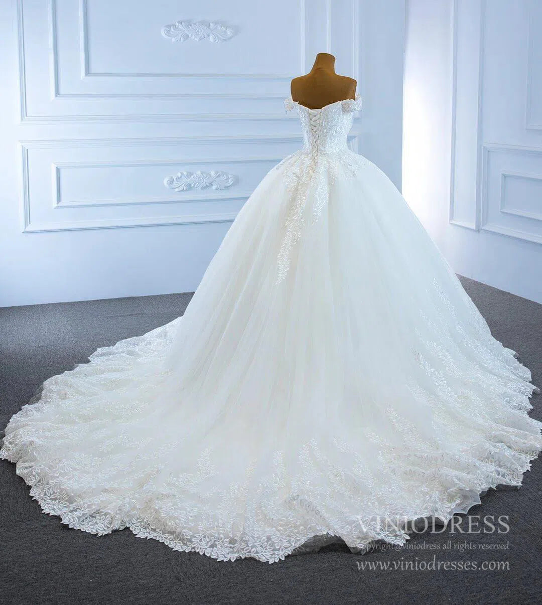 Off the Shoulder Wedding Dresses Plus Size Lace Bridal Gowns VW1033-wedding dresses 2025 -Viniodress-Ivory-Custom Size-