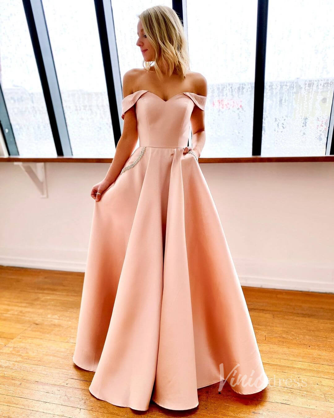 Off the Shoulder Yellow Satin Prom Dresses with Pockets FD2854-prom dresses 2025 -Viniodress-Blush Pink-Custom Size-