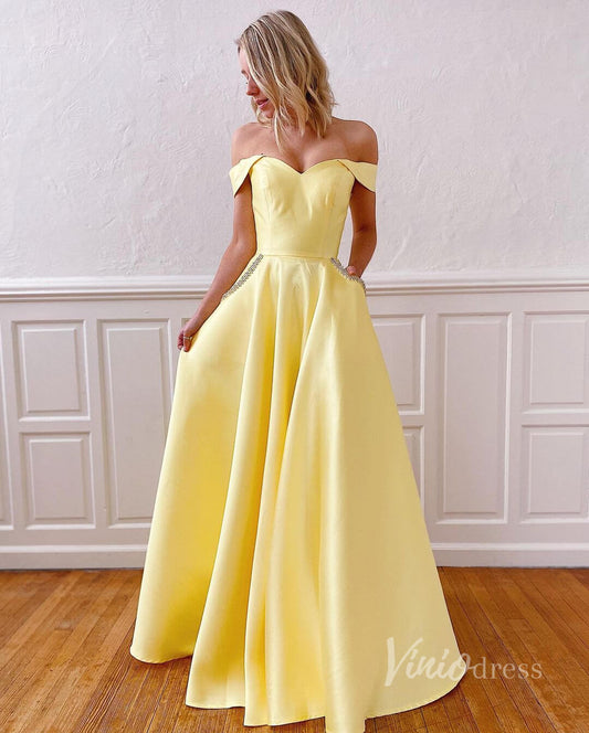 Off the Shoulder Yellow Satin Prom Dresses with Pockets FD2854-prom dresses 2025 -Viniodress-Yellow-Custom Size-