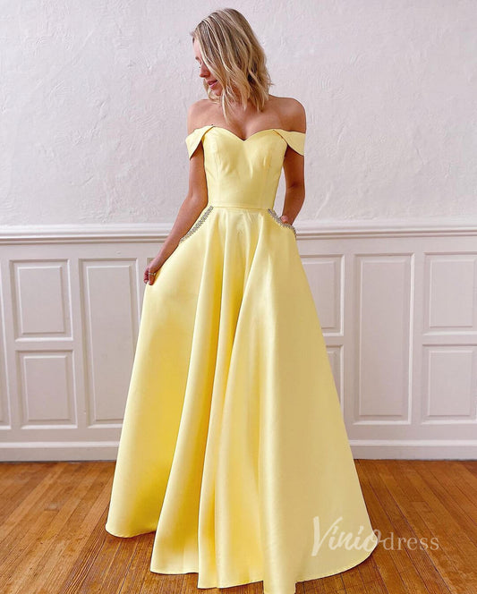 Prom Dress 2025 Off the Shoulder Yellow Satin Prom Dresses with Pockets FD2854-unique prom dresses-Yellow-Custom Size-Viniodress