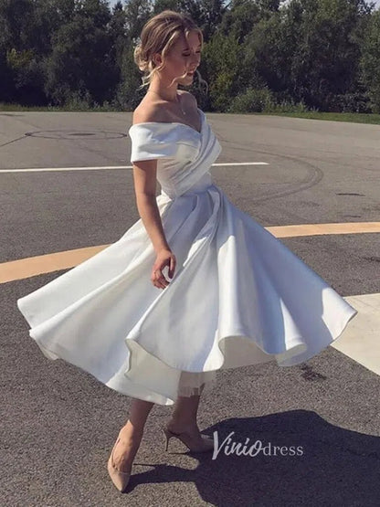 Off White Cocktail Dress with Pockets Off Shoulder Midi Prom Dress SD1 Viniodress Off White Cocktail Dress with Pockets Off Shoulder Midi Prom Dress SD1 Viniodress