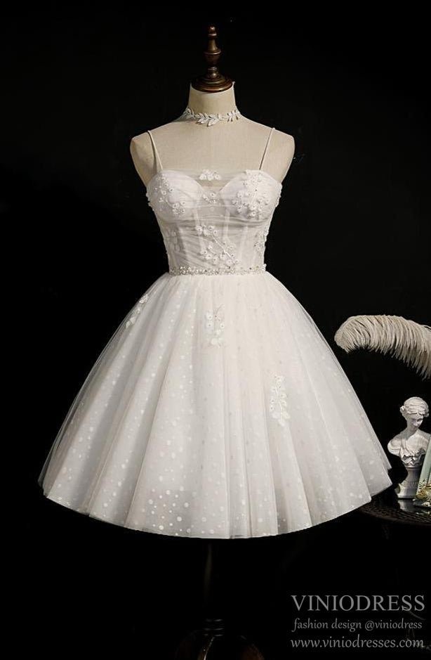 Off White Dotted Lace Homecoming Dresses Spaghetti Strap Party Dress SD1376-Homecoming Dresses 2025 -VINIODRESS-US2-Ivory-