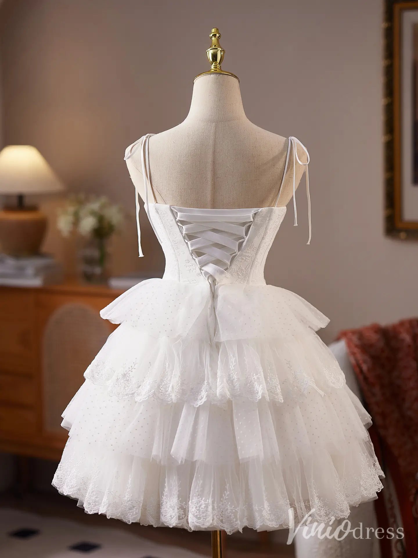 Off White Spaghetti Strap Homecoming Dress with Pearl Corset Bodice and Tiered Lace Tulle Skirt – BJ084-Homecoming Dresses 2025 -Viniodress-Ivory-Custom Size-