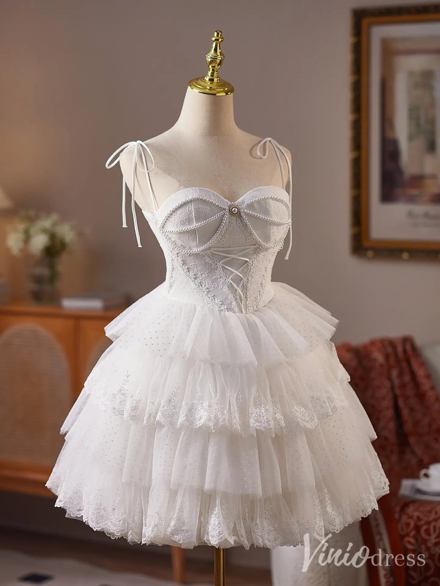 Off White Spaghetti Strap Homecoming Dress with Pearl Corset Bodice and Tiered Lace Tulle Skirt – BJ084-Homecoming Dresses 2025 -Viniodress-Ivory-Custom Size-