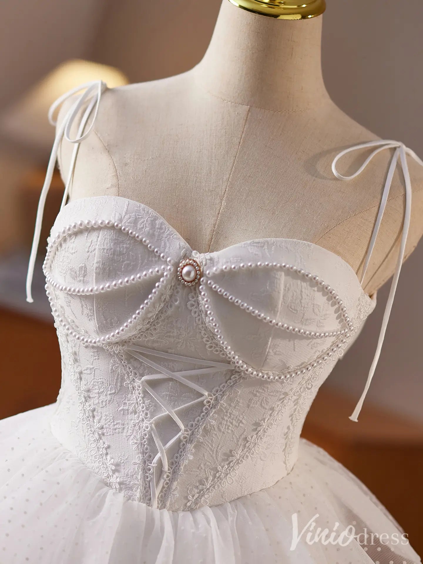 Off White Spaghetti Strap Homecoming Dress with Pearl Corset Bodice and Tiered Lace Tulle Skirt – BJ084-Homecoming Dresses 2025 -Viniodress-Ivory-Custom Size-