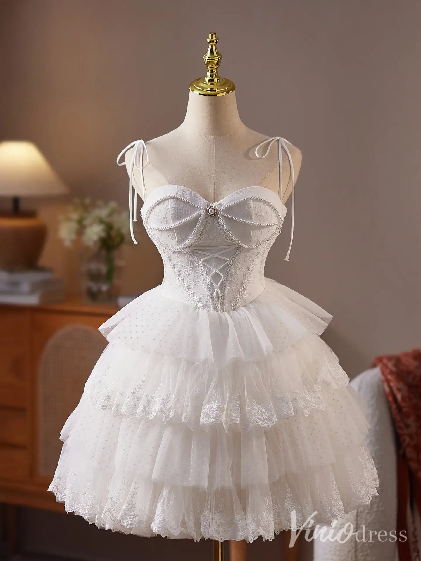 Off White Spaghetti Strap Homecoming Dress with Pearl Corset Bodice and Tiered Lace Tulle Skirt – BJ084-Homecoming Dresses 2025 -Viniodress-Ivory-Custom Size-