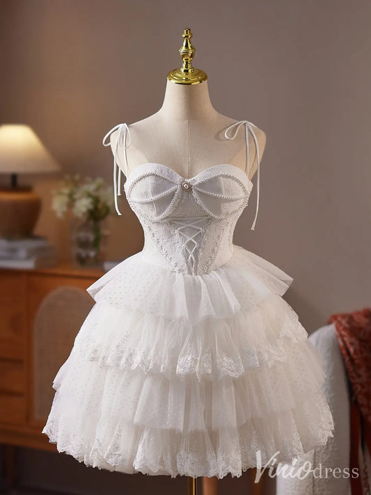 Off White Spaghetti Strap Homecoming Dress with Pearl Corset Bodice and Tiered Lace Tulle Skirt – BJ084-Homecoming Dresses 2025 -Viniodress-Ivory-Custom Size-