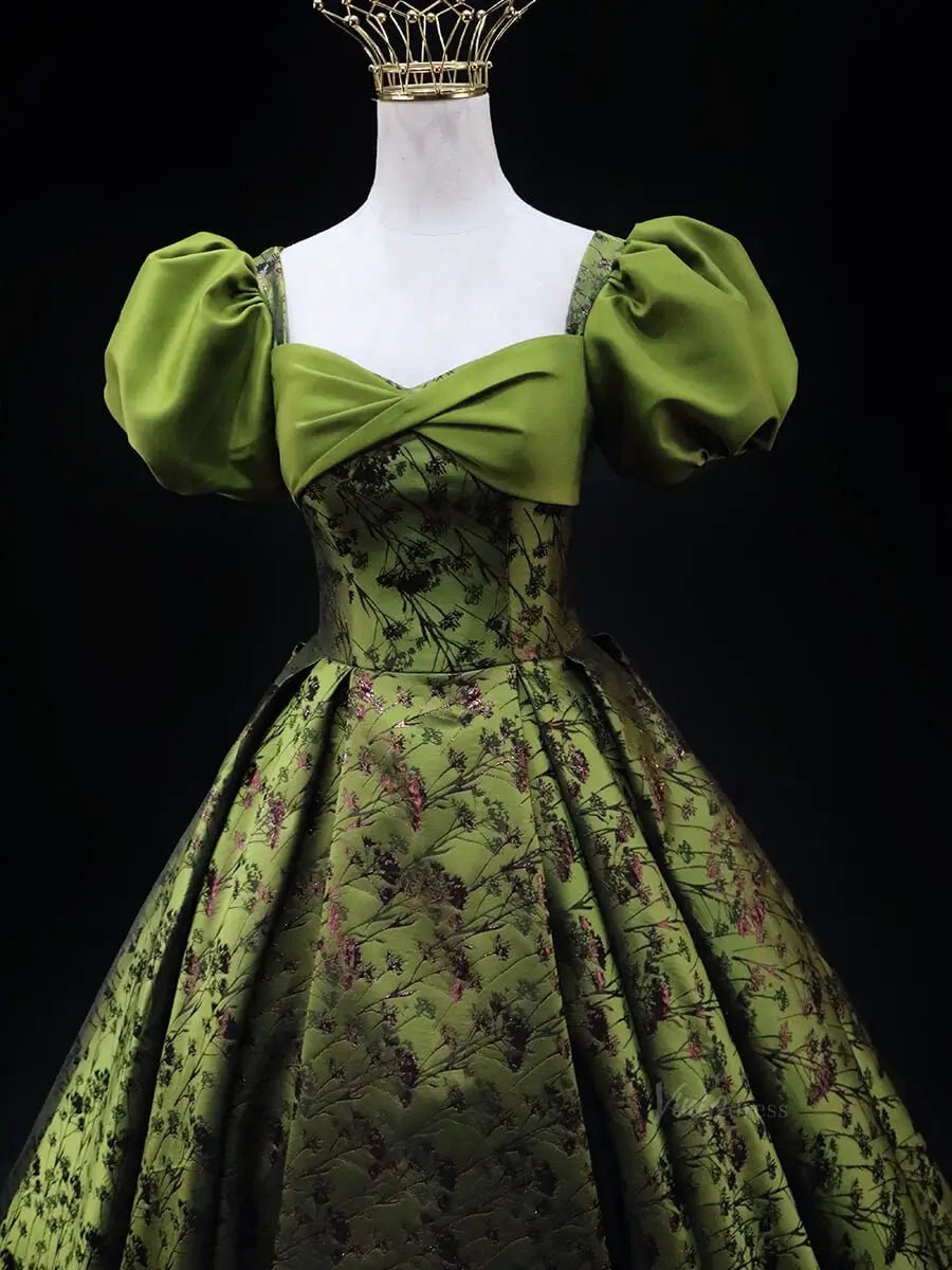 Olive Green Jacquard Prom Dresses with Puffed Sleeve, Corset Back, Quinceanera Dresses SU045-prom dresses 2025 -Viniodress-Olive Green-Custom Size-