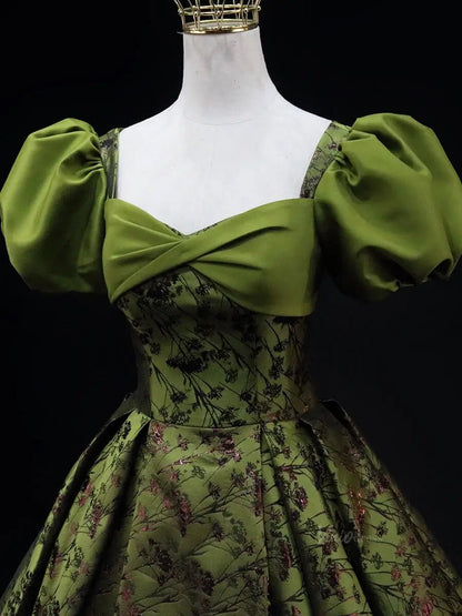 Olive Green Jacquard Prom Dresses with Puffed Sleeve, Corset Back, Quinceanera Dresses SU045-prom dresses 2025 -Viniodress-Olive Green-Custom Size-