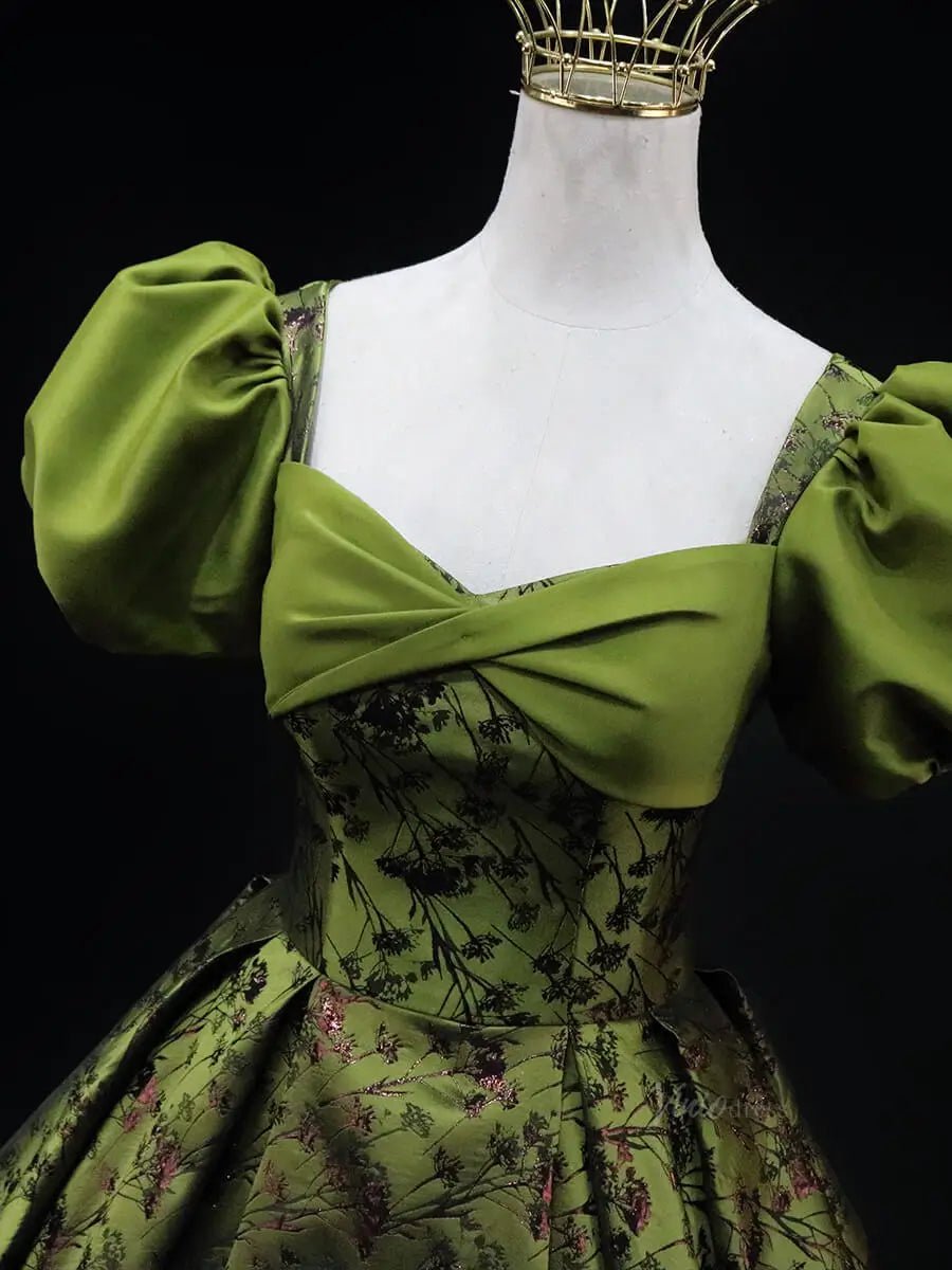 Olive Green Jacquard Prom Dresses with Puffed Sleeve, Corset Back, Quinceanera Dresses SU045-prom dresses 2025 -Viniodress-Olive Green-Custom Size-