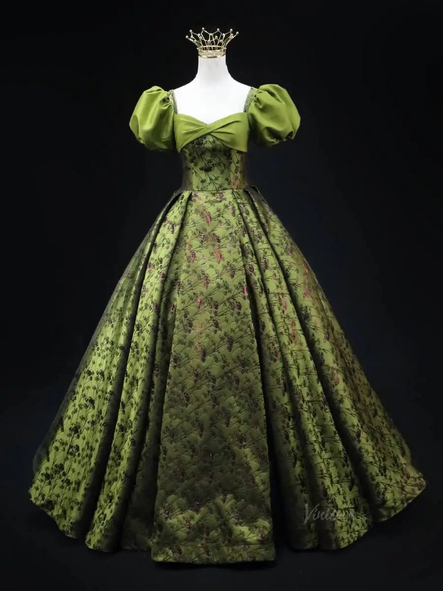 Olive Green Jacquard Prom Dresses with Puffed Sleeve, Corset Back, Quinceanera Dresses SU045-prom dresses 2025 -Viniodress-Olive Green-Custom Size-
