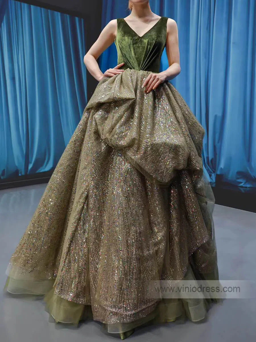 Prom Dress 2025 Olive Green Long Prom Dresses V-neck 66702 viniodress-unique prom dresses-Olive Green-Custom Size-Viniodress