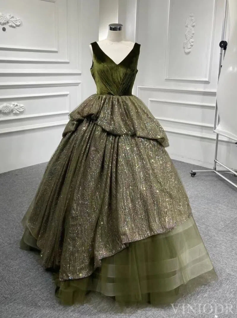 Prom Dress 2025 Olive Green Long Prom Dresses V-neck 66702 viniodress-unique prom dresses-Olive Green-Custom Size-Viniodress