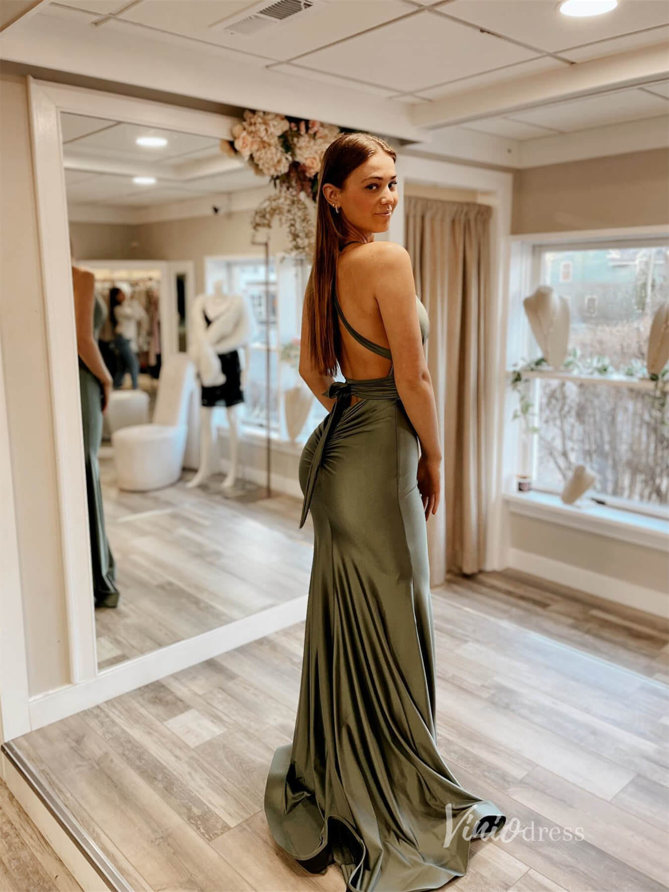 Olive Green Mermaid Satin Prom Dresses Plunging V-Neck Evening Dress FD2662-prom dresses 2025 -Viniodress-Green-Custom Size-