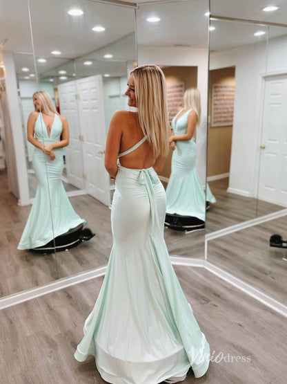 Olive Green Mermaid Satin Prom Dresses Plunging V-Neck Evening Dress FD2662-prom dresses 2025 -Viniodress-Green-Custom Size-