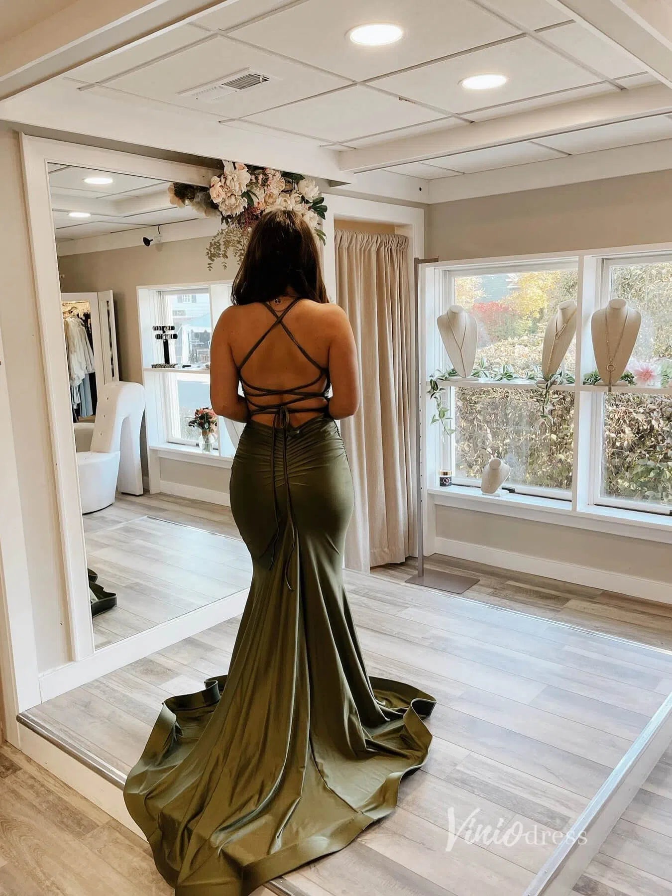 Olive Green Mermaid Satin Prom Dresses Spaghetti Strap Evening Dress FD2661-prom dresses 2025 -Viniodress-Olive Green-Custom Size-
