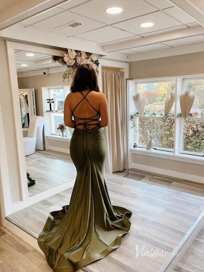 Olive Green Mermaid Satin Prom Dresses Spaghetti Strap Evening Dress FD2661-prom dresses 2025 -Viniodress-Olive Green-Custom Size-