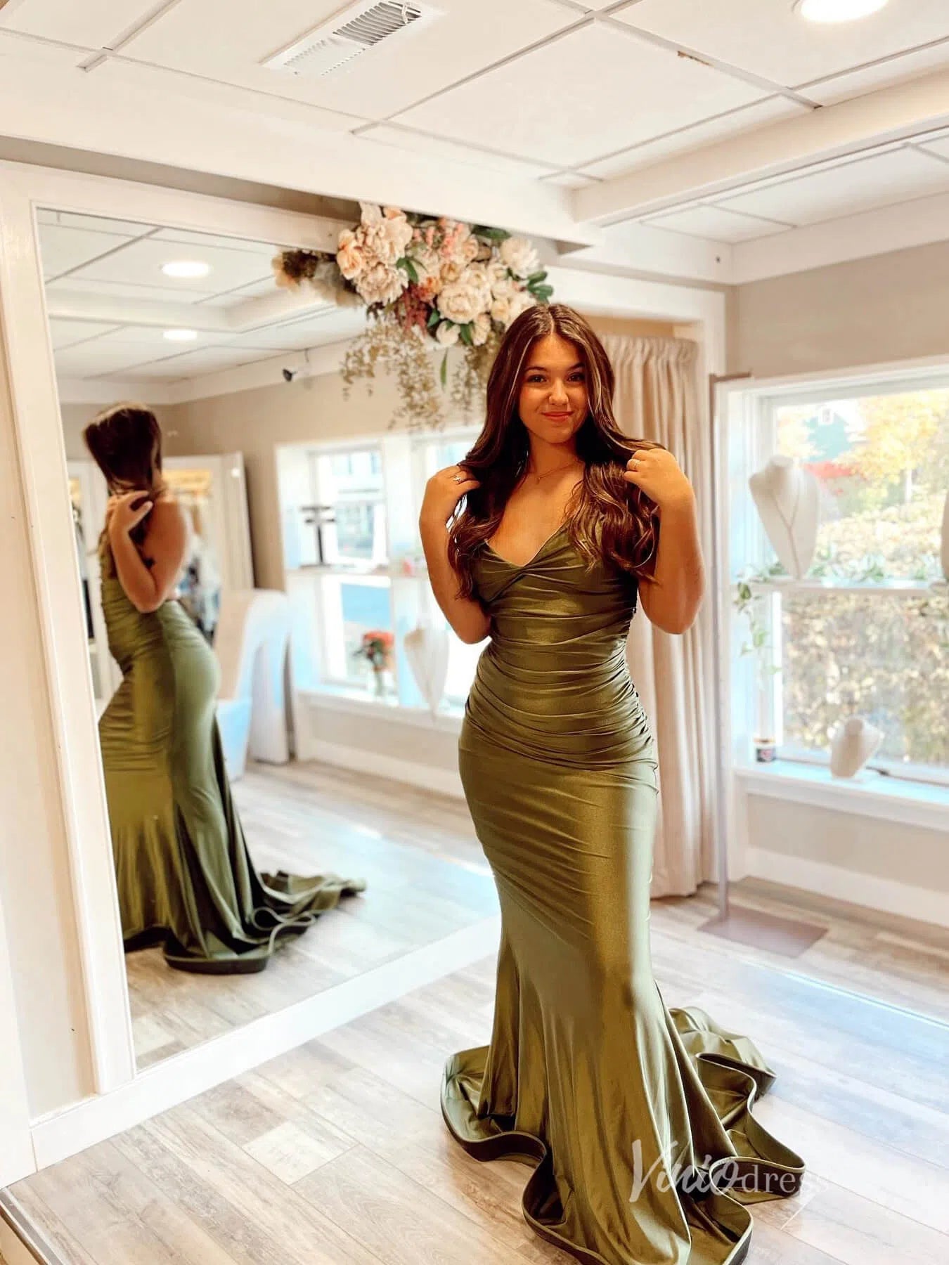 Olive Green Mermaid Satin Prom Dresses Spaghetti Strap Evening Dress FD2661-prom dresses-Viniodress-Viniodress