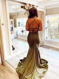Olive Green Mermaid Satin Prom Dresses Spaghetti Strap Evening Dress FD2661