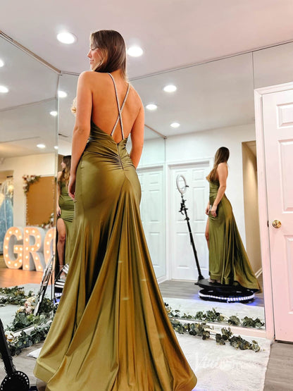 Olive Green Mermaid Satin Prom Dresses with Slit Spaghetti Strap Evening Dress FD2663-prom dresses 2025 -Viniodress-Olive Green-Custom Size-