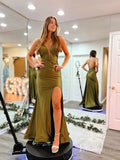 Olive Green Mermaid Satin Prom Dresses with Slit Spaghetti Strap Evening Dress FD2663