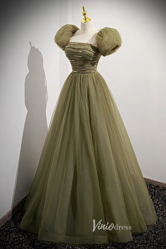 Olive Green Puffed Sleeve Prom Dresses Beaded Tulle Formal Dress FD90013-prom dresses 2025 -Viniodress-Olive Green-Custom Size-