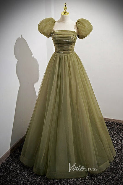 Olive Green Puffed Sleeve Prom Dresses Beaded Tulle Formal Dress FD90013-prom dresses 2025 -Viniodress-Olive Green-Custom Size-