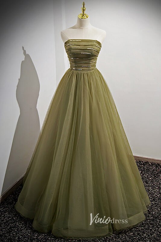 Olive Green Puffed Sleeve Prom Dresses Beaded Tulle Formal Dress FD900 –  Viniodress