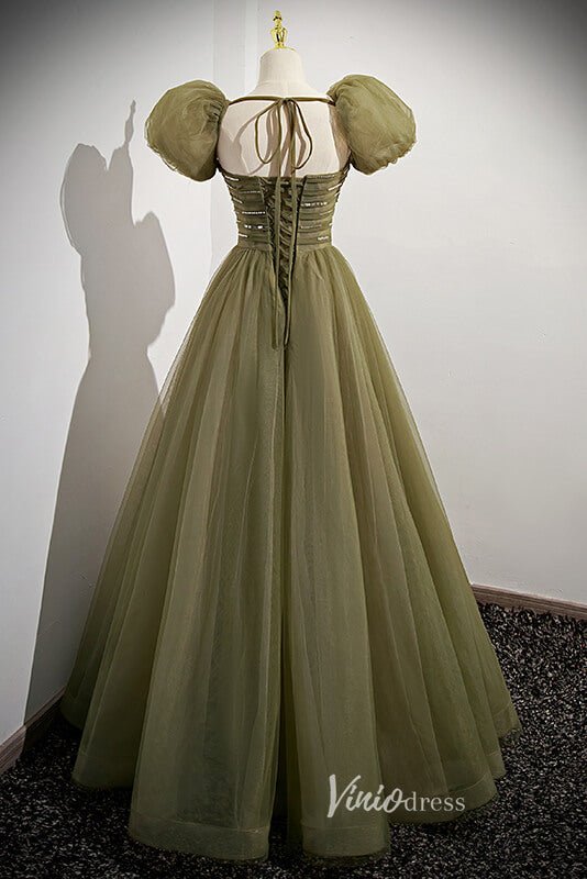 Olive Green Puffed Sleeve Prom Dresses Beaded Tulle Formal Dress FD900 Viniodress Olive Green Puffed Sleeve Prom Dresses Beaded Tulle Formal Dress FD900 Viniodress