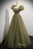 Olive Green Puffed Sleeve Prom Dresses Beaded Tulle Formal Dress FD90013-prom dresses-Viniodress-Viniodress