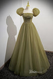 Olive Green Puffed Sleeve Prom Dresses Beaded Tulle Formal Dress FD90013