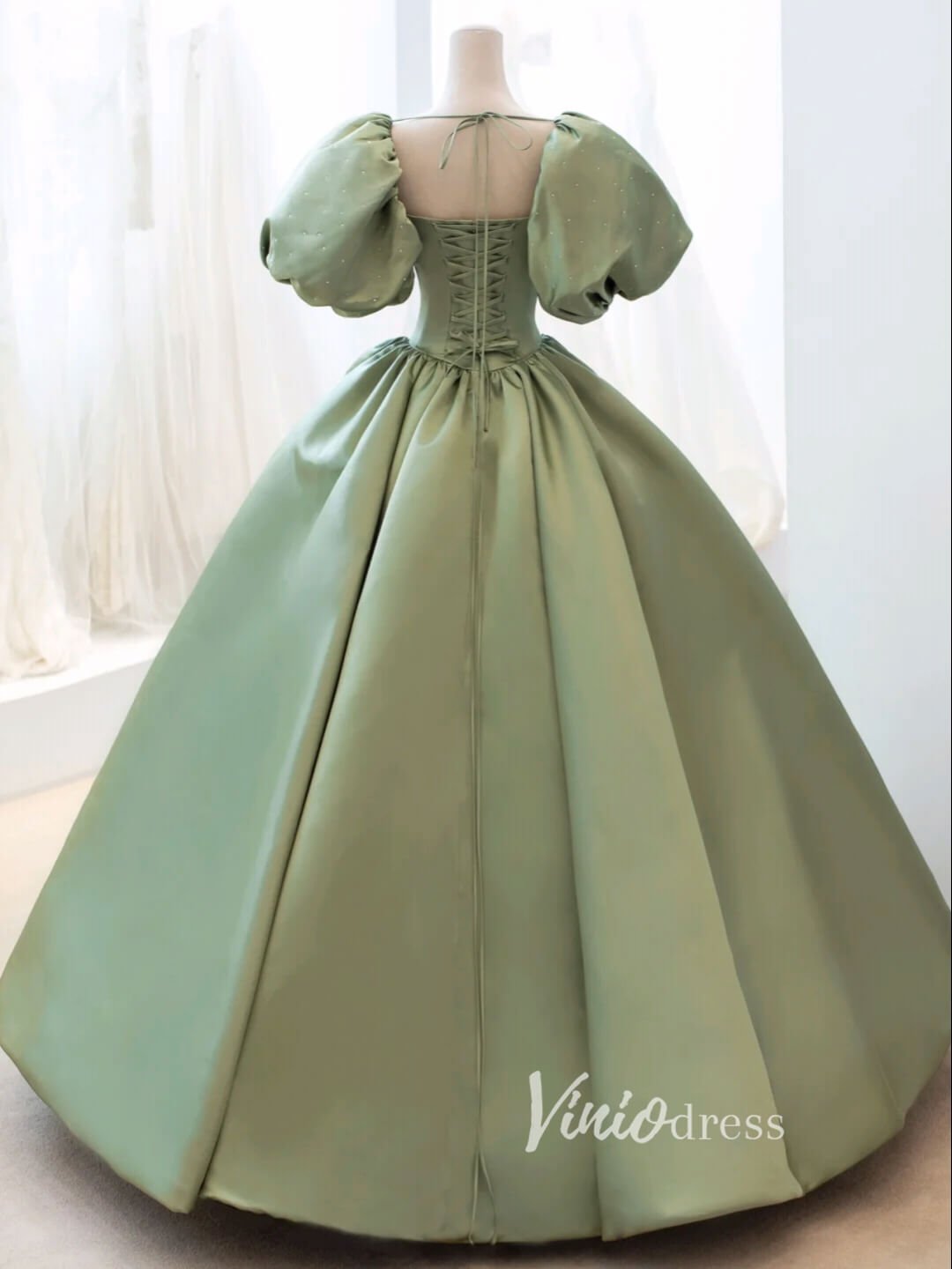 Olive Green Satin Prom Dresses Puffed Sleeve Ball Gown FD3433-prom dresses 2025 -Viniodress-Olive Green-Custom Size-