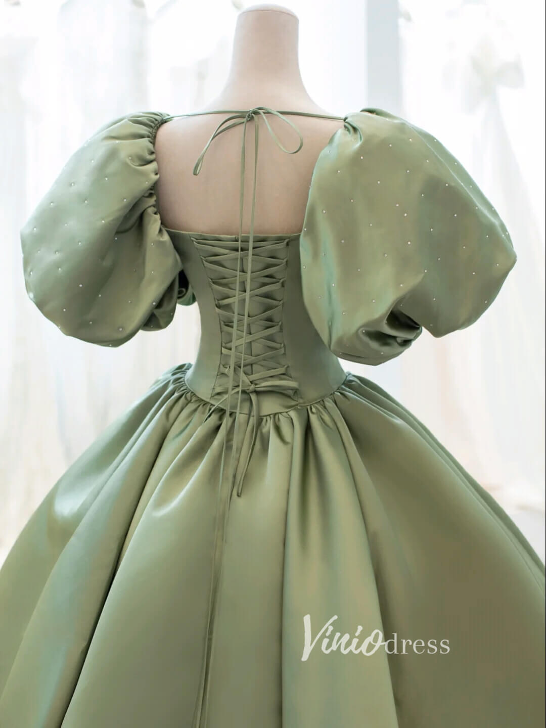 Olive Green Satin Prom Dresses Puffed Sleeve Ball Gown FD3433-prom dresses 2025 -Viniodress-Olive Green-Custom Size-