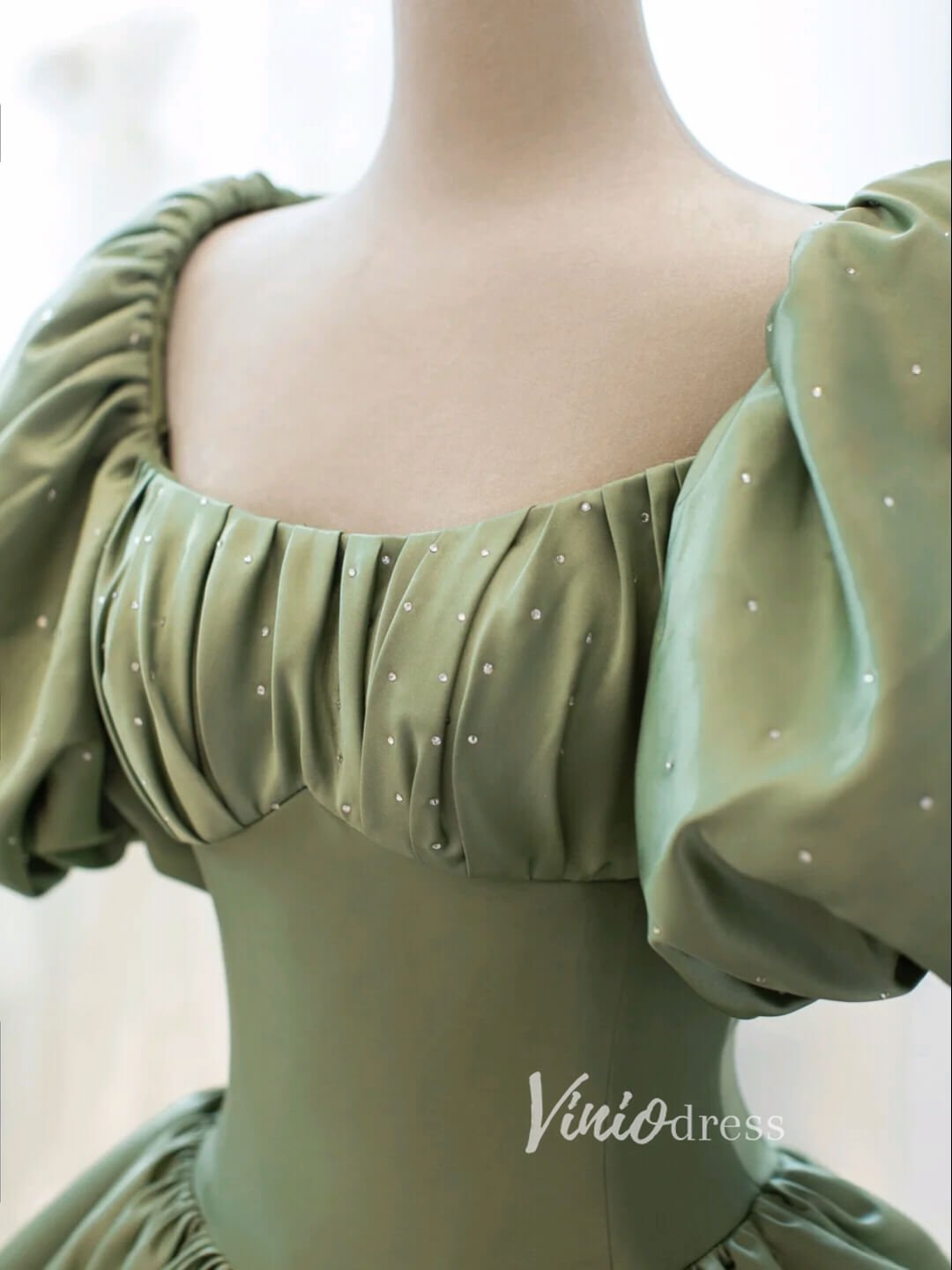 Olive Green Satin Prom Dresses Puffed Sleeve Ball Gown FD3433-prom dresses 2025 -Viniodress-Olive Green-Custom Size-