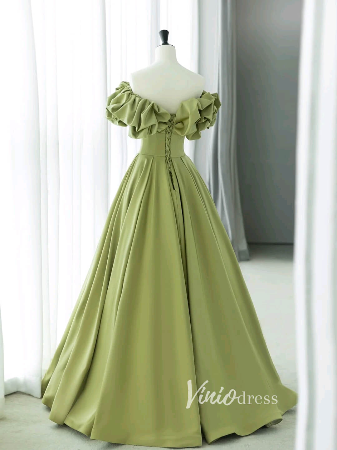 Olive Green Satin Prom Dresses Ruffled Off the Shoulder Sleeve Formal Gown FD3436-prom dresses 2025 -Viniodress-Olive Green-Custom Size-