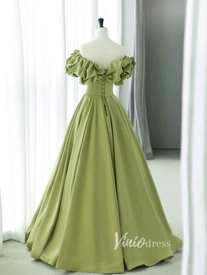 Olive Green Satin Prom Dresses Ruffled Off the Shoulder Sleeve Formal Gown FD3436-prom dresses 2025 -Viniodress-Olive Green-Custom Size-