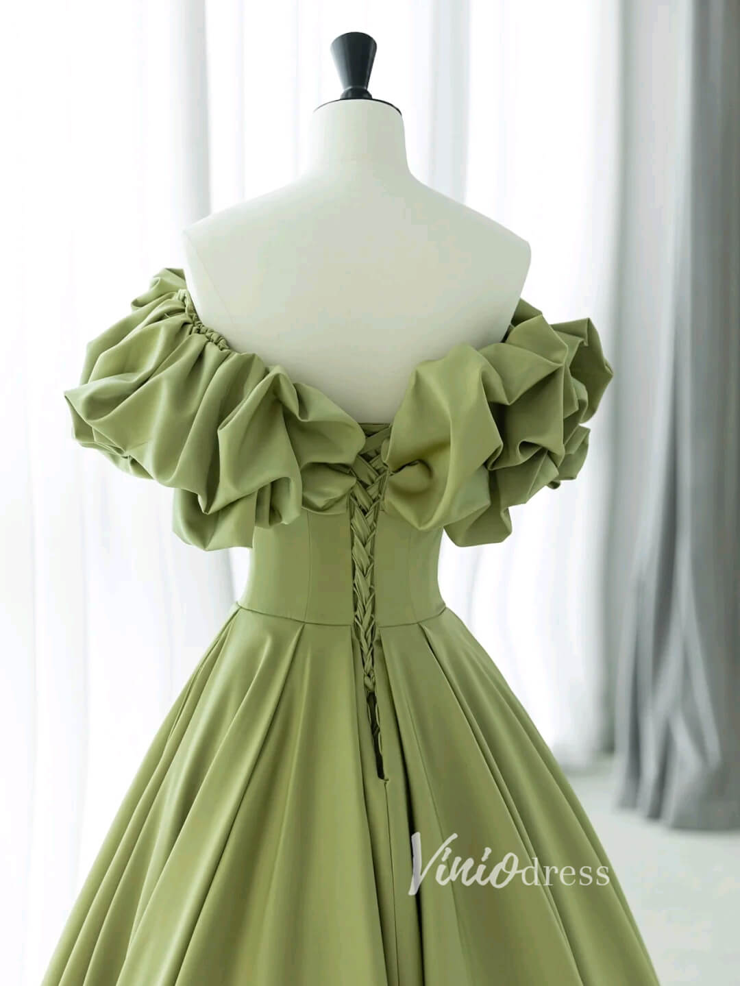 Olive Green Satin Prom Dresses Ruffled Off the Shoulder Sleeve Formal Gown FD3436-prom dresses 2025 -Viniodress-Olive Green-Custom Size-