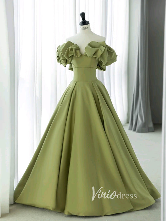 Olive Green Satin Prom Dresses Ruffled Off the Shoulder Sleeve Formal Gown FD3436-prom dresses 2025 -Viniodress-Olive Green-Custom Size-